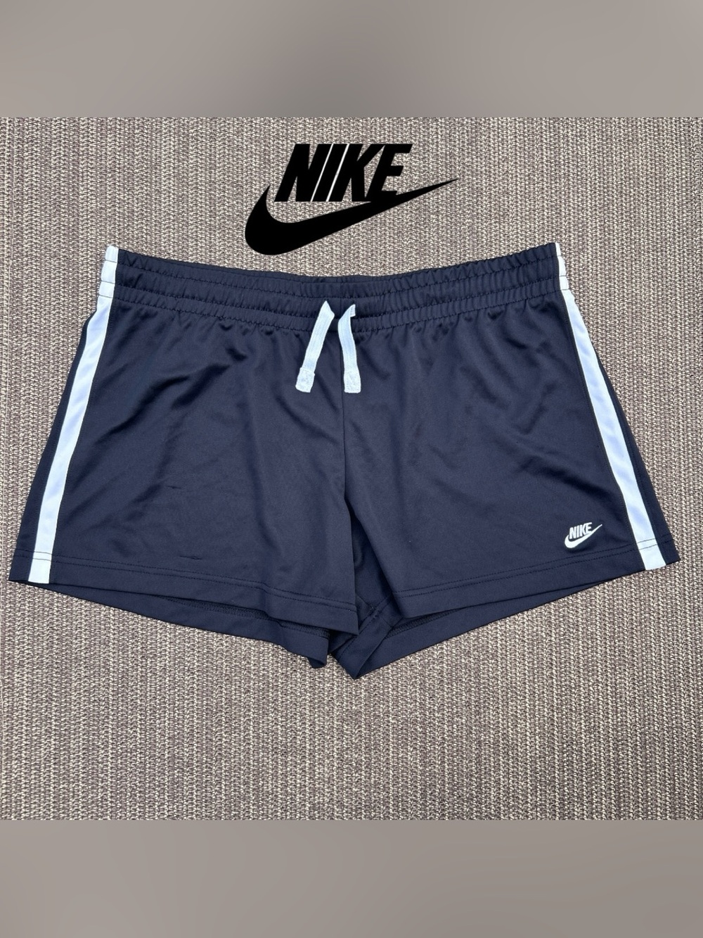 Nike Women's Navy Shorts with Light Blue Side Stripes